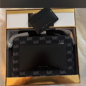 Michael Kors Black MK Signature Crossbody and Card Case Set
